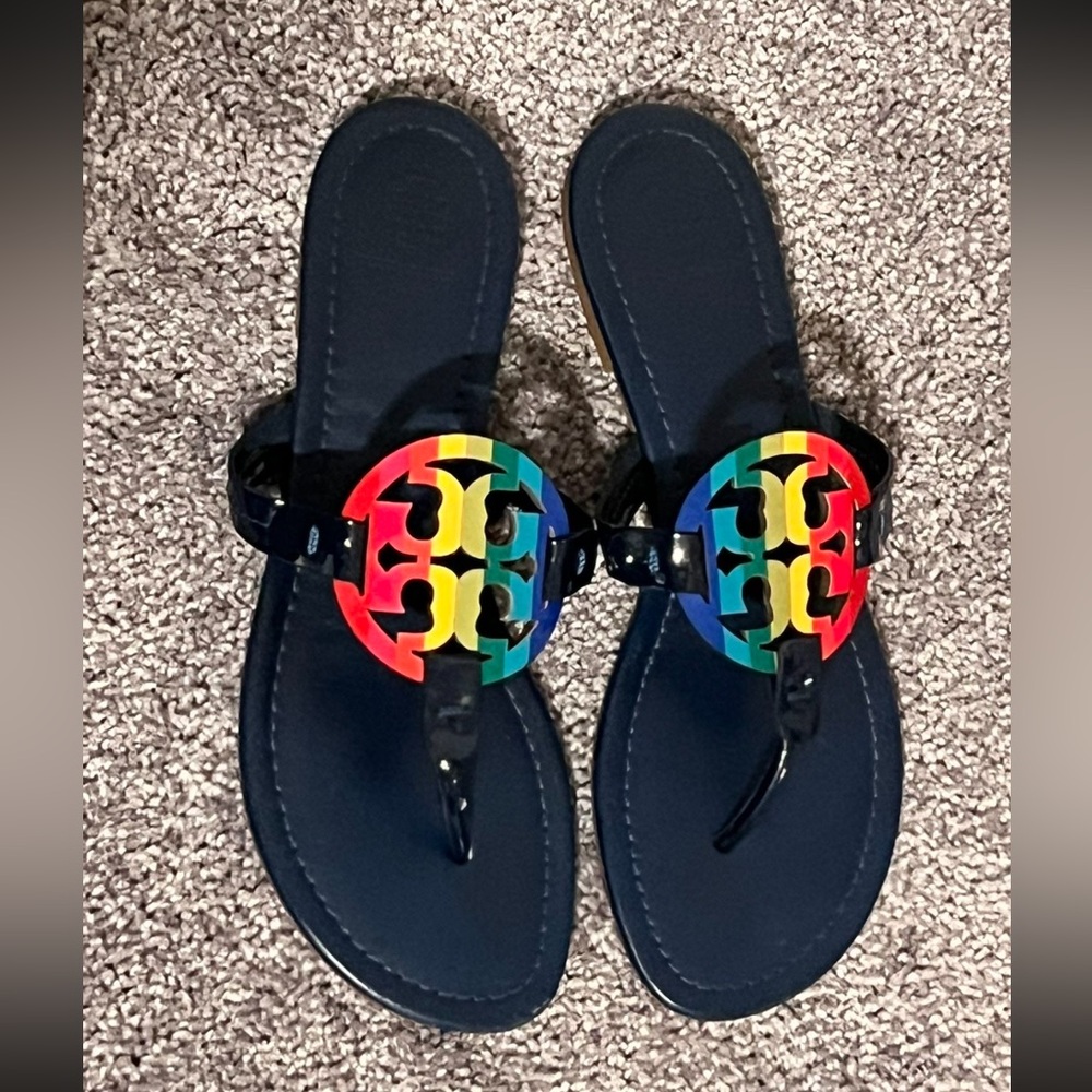 Tory Burch Black Sandals with Rainbow Logo